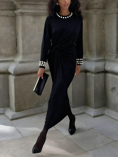 

Elegant Plain Imitation Pearls Crew Neck Maxi Dress, Black-white, Maxi Dresses