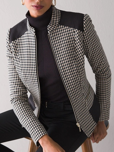 

Urban Zipper Houndstooth Stand Collar Jacket, Black, Jackets