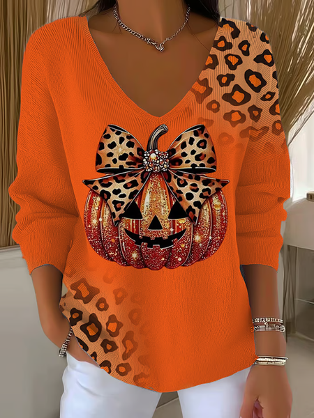 Women Leopard Long Sleeve Tee T-shirt V Neck Printing Casual Spring/Fall Top