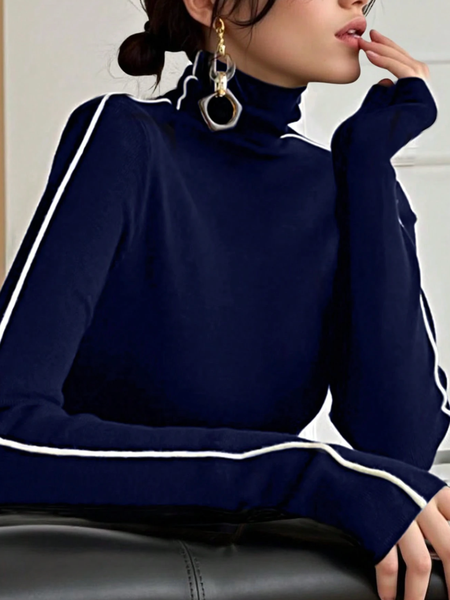 

Knitted Urban Color Block Split Joint Turtleneck T-shirt, Blue, Tees