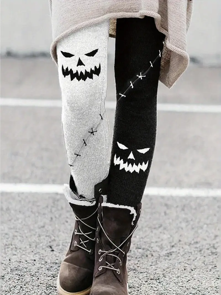 

Women Halloween (pumpkin) Casual All Season Printing Long Leggings, Black-white, Leggings