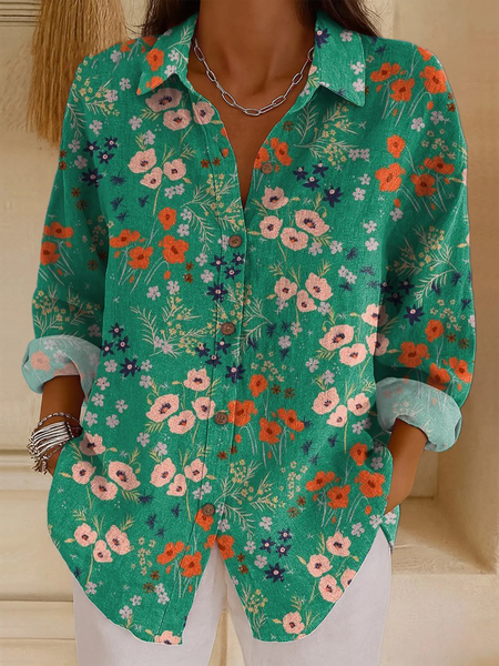 

Shirt Collar Long Sleeve Floral Regular Loose Shirt For Women, Green, Shirts