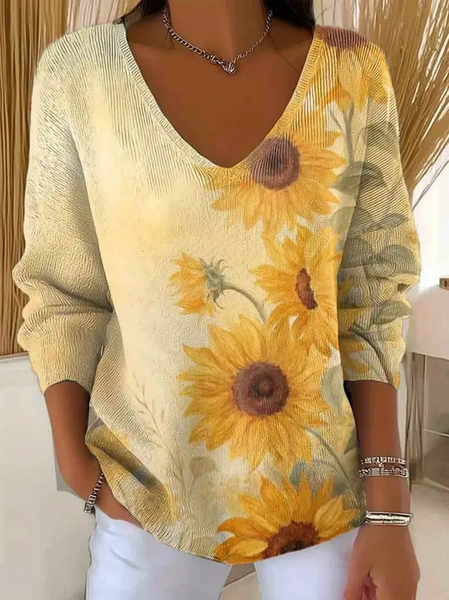 

Women Floral Long Sleeve Tee T-shirt V Neck Printing Casual Spring/Fall Top, Yellow, T-Shirts