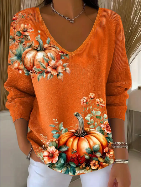 

Casual Floral V Neck Long Sleeve T-shirt, Orange, Hoodies & Sweatshirts