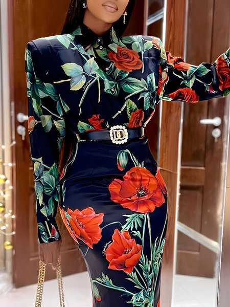 

Elegant Floral Printing Shirt Collar Regular Sleeve Shirt, Black, Blouses and Shirts