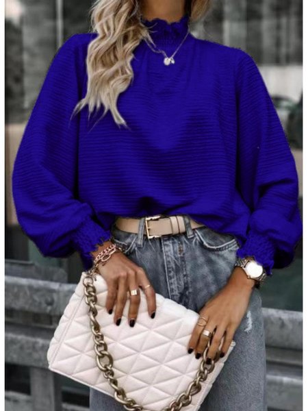 

Women Geometric Long Sleeve Tee T-shirt Stand Collar Gathered Vintage Spring/Fall Top, Blue, T-Shirts