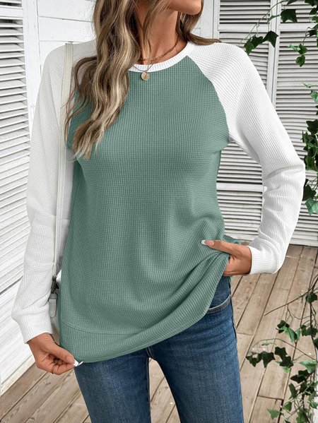 

Women Color Block Crew Neck Casual Long Sleeve T-shirt, Green, Long Sleeves