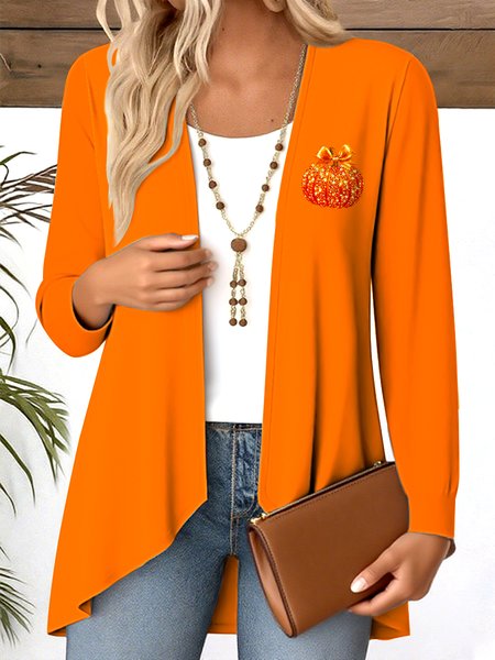 

V Neck Long Sleeve Halloween Regular Micro-Elasticity Regular Fit Blouse For Women, Orange, Blouses