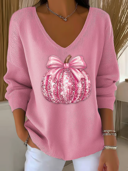 

Casual Halloween (pumpkin) V Neck Long Sleeve T-shirt, Pink, Sweaters