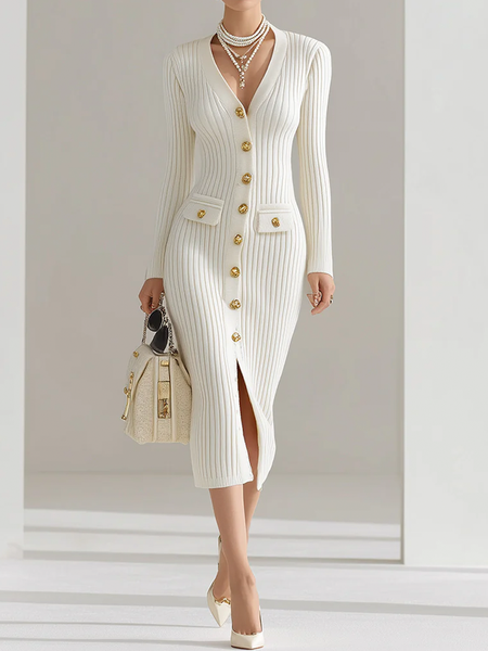 

Elegant Plain V Neck Midi Sweater Dress, White, Midi Dresses
