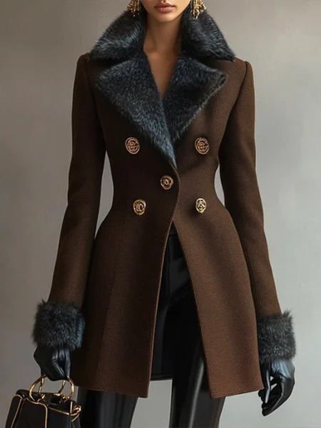 

Urban Buttoned Fur Collar Plain Lapel Collar Coat, Brown, Coats