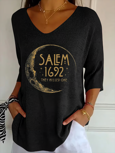 Women Halloween Three Quarter Sleeve Tee T-shirt V Neck Printing Casual Spring/Fall Graphic Tee Top