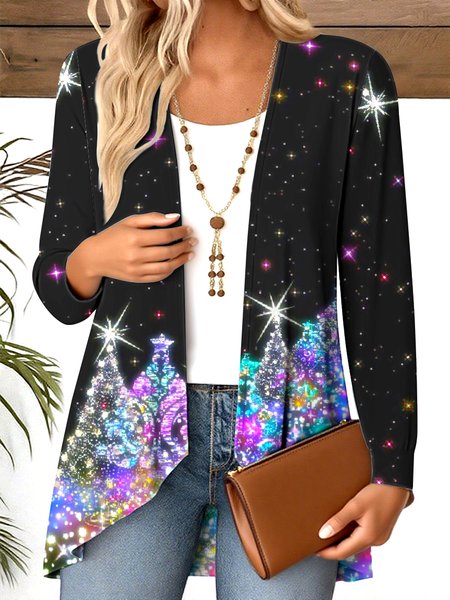 

V Neck Long Sleeve Christmas Regular Micro-Elasticity Regular Fit Blouse For Women, Black, Blouses