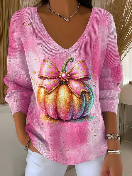 

Women Halloween (pumpkin) Long Sleeve Tee T-shirt V Neck Printing Casual Spring/Fall Top, Pink, T-Shirts