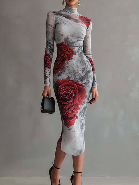 

Elegant Floral Printing Turtleneck Midi Dress, As picture, Midi Dresses