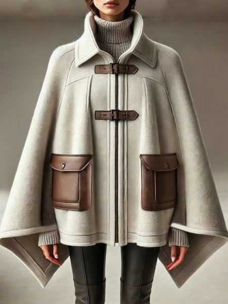 

Urban Dolman Sleeve Zipper Plain Metal Buckle Pockets Coat, Apricot, Coats
