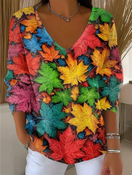 

Women Maple Leaf Long Sleeve Tee T-shirt V Neck Printing Casual Spring/Fall Top, As picture, T-Shirts