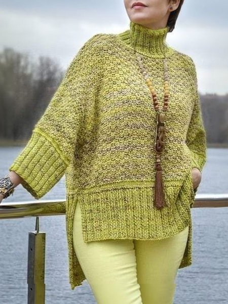 

Yarn/Wool Yarn Casual Color Block Turtleneck Sweater, Green, Pullovers