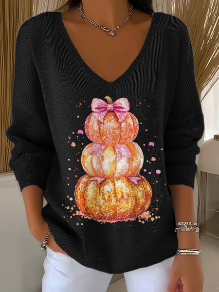 

Women Halloween (pumpkin) Long Sleeve Tee T-shirt V Neck Printing Casual Spring/Fall Top, Black, T-Shirts
