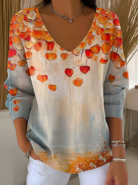 

Women Maple Leaf Long Sleeve Tee T-shirt V Neck Printing Casual Spring/Fall Top, Orange, T-Shirts