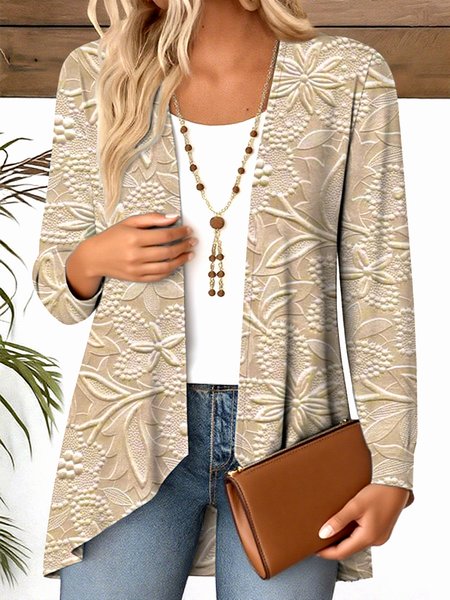 

V Neck Long Sleeve Floral Regular Micro-Elasticity Regular Fit Blouse For Women, Khaki, Blouses