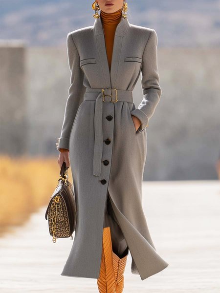 

Urban Buttoned Plain V Neck Coat With Belt, Gray, Coats