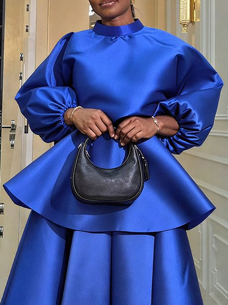 

Satin Urban Plain Bow Stand Collar Balloon Sleeve Blouse, Blue, Blouses and Shirts
