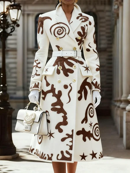 

Urban Printing Random Print Lapel Collar Coat No Belt, As picture, Coats