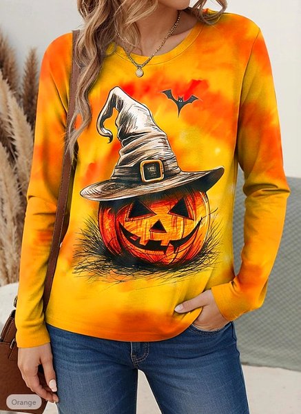 

Casual Animal Crew Neck Long Sleeve T-shirt, Orange, T-shirts