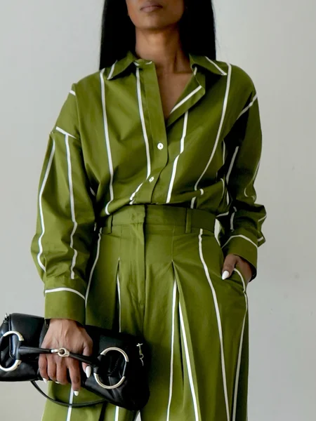 

Casual Striped Printing Shirt Collar Shirt, Green, Blouses and Shirts