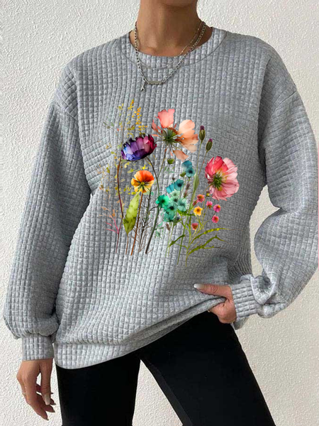 

Casual Crew Neck Floral Sweatshirt, Light gray, Hoodies & Sweatshirts