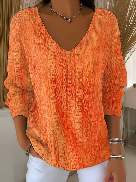 

Women Abstract Long Sleeve Tee T-shirt V Neck Printing Casual Spring/Fall Top, Orange, T-Shirts