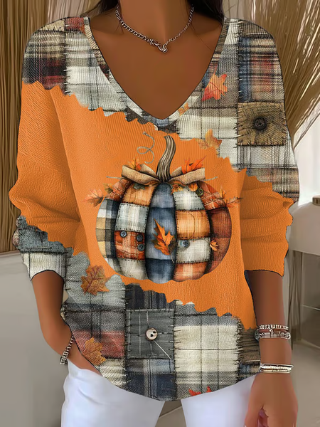 

Women Halloween (pumpkin) Long Sleeve Tee T-shirt V Neck Printing Casual Spring/Fall Top, Orange, T-Shirts