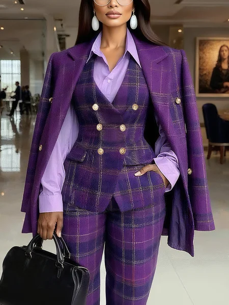 

Plus Size Urban Buttoned Plaid Lapel Collar Blazer, Purple, Plus Outerwear