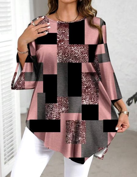 

Casual Color Block Crew Neck Long Sleeve T-shirt, Pink, T-shirts