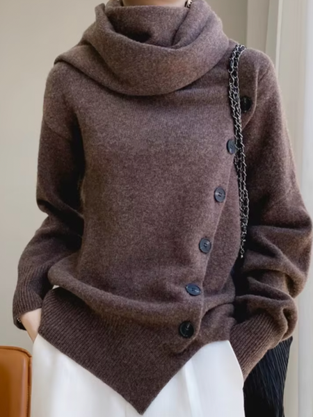 

Casual Plain Asymmetric Turtleneck Sweater, As picture, Pullovers