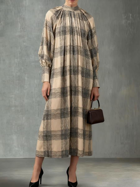

Urban Plaid Printing Stand Collar Maxi Dress, As picture, Maxi Dresses