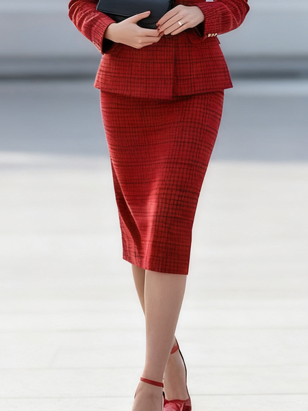 

Elegant Plaid Midi Skirt, Red, Skirts