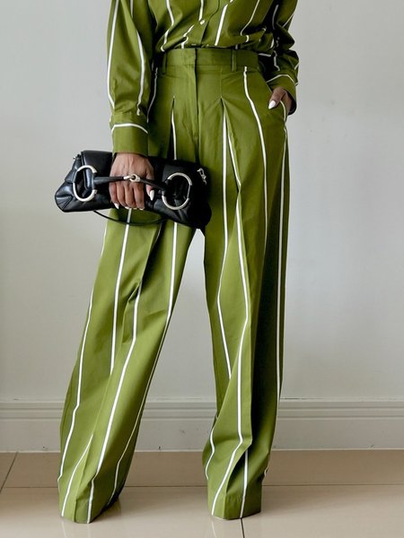 

Casual Striped Printing Wide Leg Pants, Green, Pants