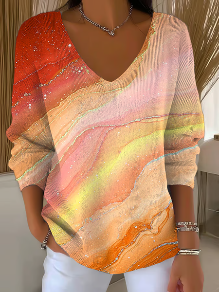 

Women Abstract Long Sleeve Tee T-shirt V Neck Printing Casual Spring/Fall Top, Orange, T-Shirts