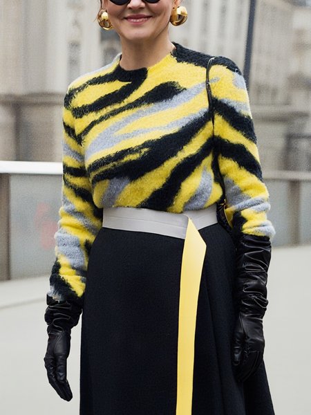

Yarn/Wool Yarn Casual Color Block Sweater, Yellow, Pullovers