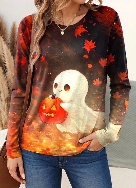 

Casual Floral Crew Neck Long Sleeve T-shirt, Red, T-shirts