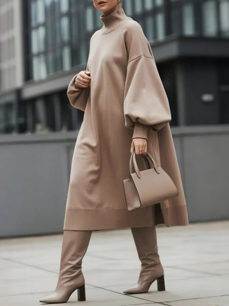 

Casual Plain Balloon Sleeve Turtleneck Midi Dress, As picture, Midi Dresses