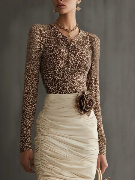 

Elegant Leopard Printing T-shirt, Brown, Tees