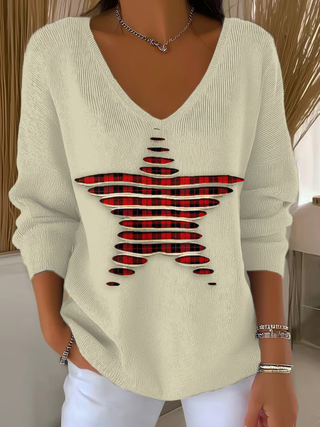 

Women Plaid Long Sleeve Tee T-shirt V Neck Printing Casual Spring/Fall Top, Apricot, T-Shirts