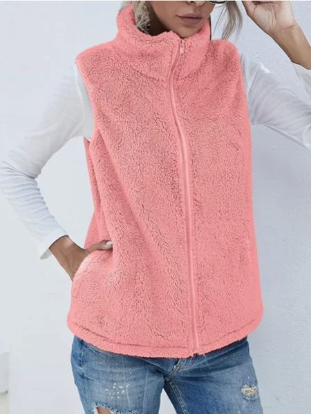 

Wool Regular Fit Mock Neck Basic Vest, Pink, Vests & Gilets