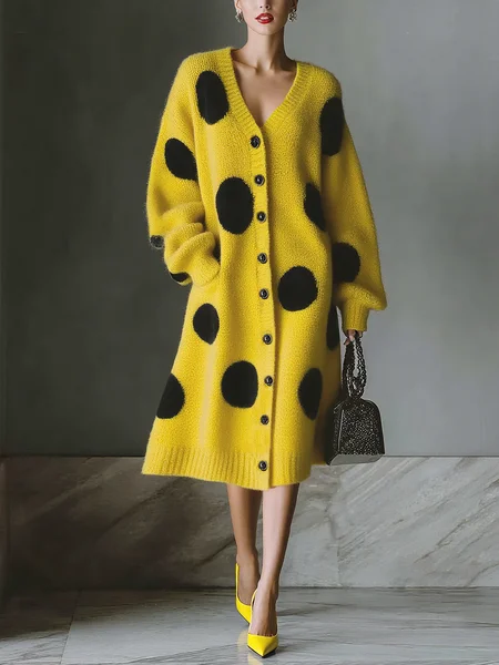 

Urban Polka Dots Buttoned V Neck Sweater Midi Dress, Yellow, Midi Dresses