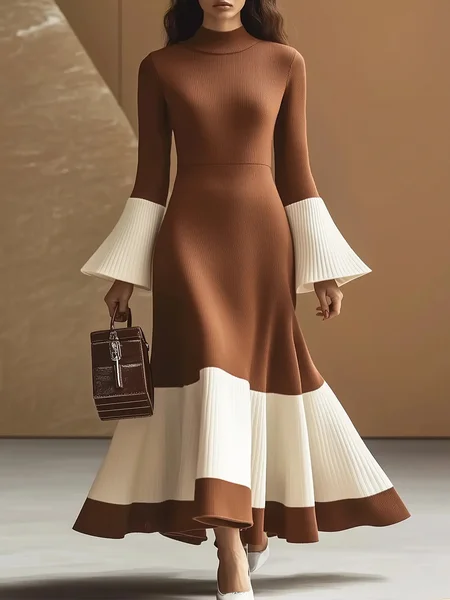 Elegant Color Block Bell Sleeve Stand Collar Sweater Dress