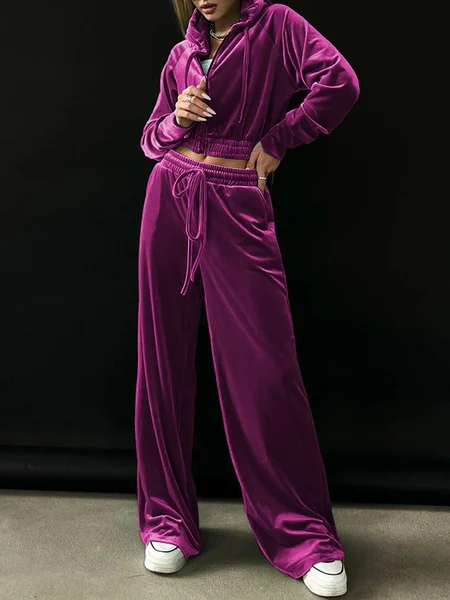 

Women Plain Split Joint Two-Piece Set Daily Long Sleeve Casual Spring/Fall Top With Pants Matching Set, Deep pink, Suit Set