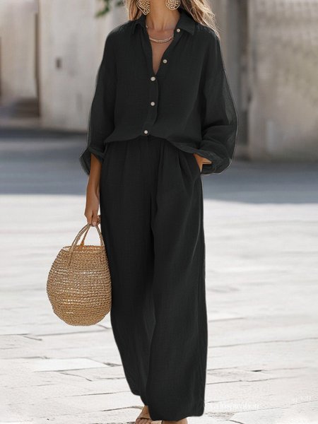 

Women Plain Split Joint Two-Piece Set Daily Long Sleeve Casual Spring/Fall Top With Pants Matching Set, Black, Suit Set
